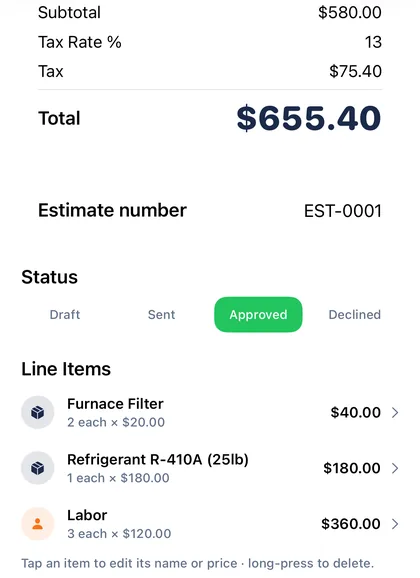 ContractPro estimate screen with a subtotal of $580.00, 13 percent tax of $75.40, a total of $655.40 and line items for a furnace filter, refrigerant and labour.