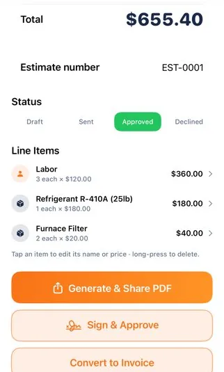 ContractPro estimate marked Approved, with Sign and Approve and Convert to Invoice buttons under the line items.
