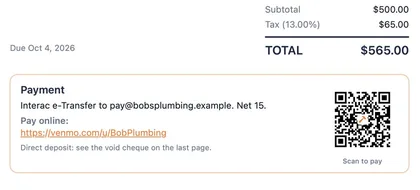 Invoice PDF with demonstration data: a deposit line, total of $565.00, and a payment box with a tappable pay link and a Scan to pay QR code.