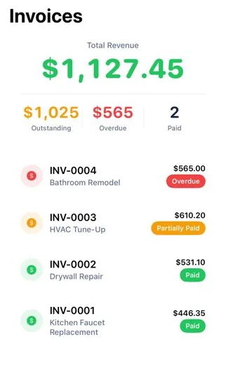 ContractPro invoices list showing outstanding and overdue amounts and each invoice marked Overdue, Partially Paid or Paid.