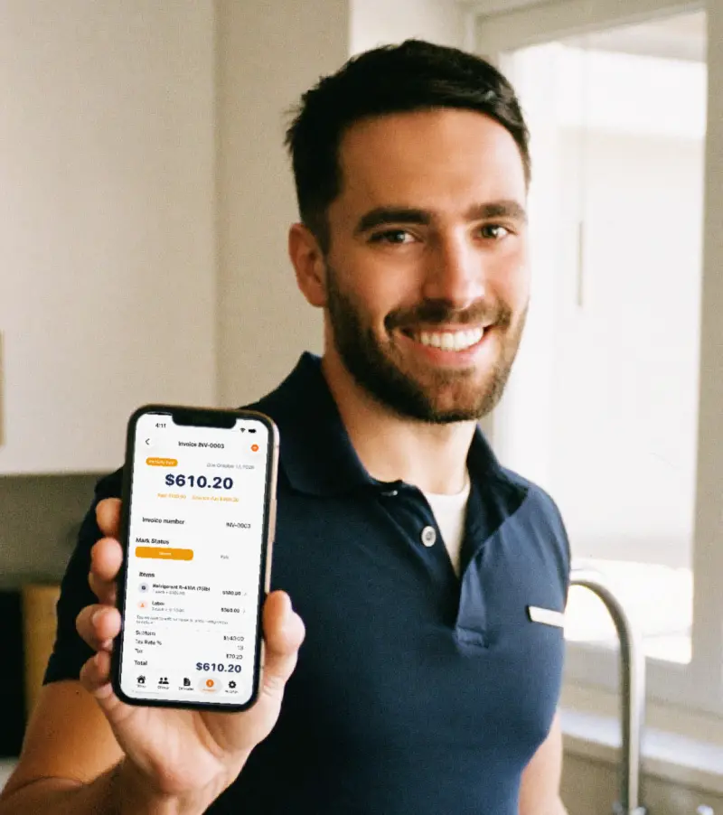 A tradesperson in a navy polo holds up an iPhone showing a ContractPro invoice with a balance due of $460.20 in a kitchen.