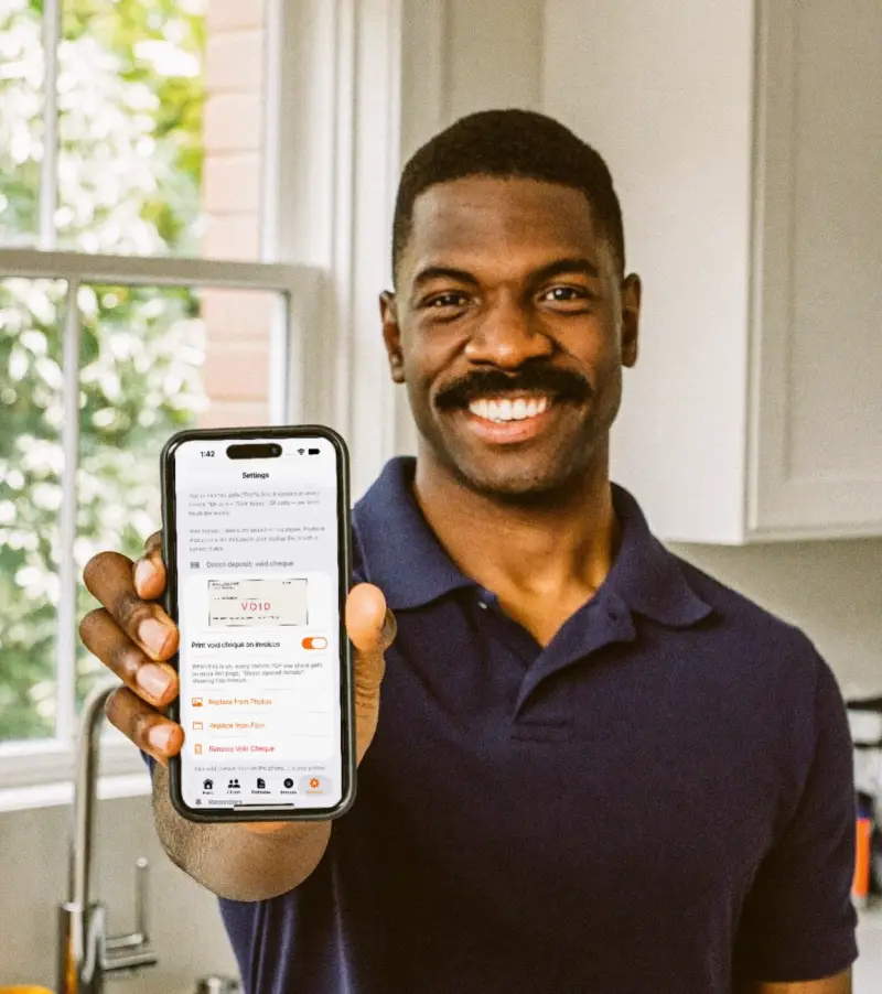 A tradesperson in a navy polo holds up an iPhone showing the ContractPro void cheque setting for direct deposit on invoices.