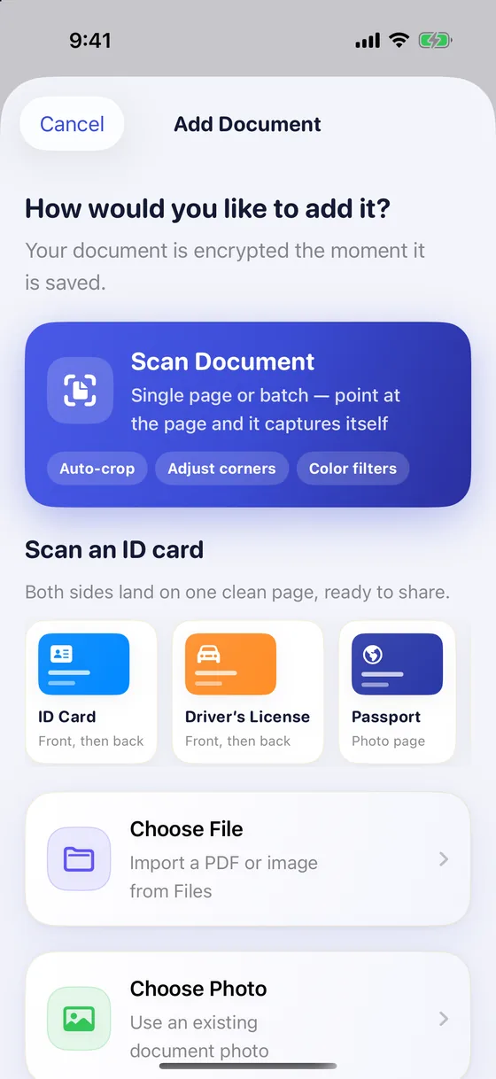 The Add Document screen with Scan Document, ID card scanning, Choose File and Choose Photo