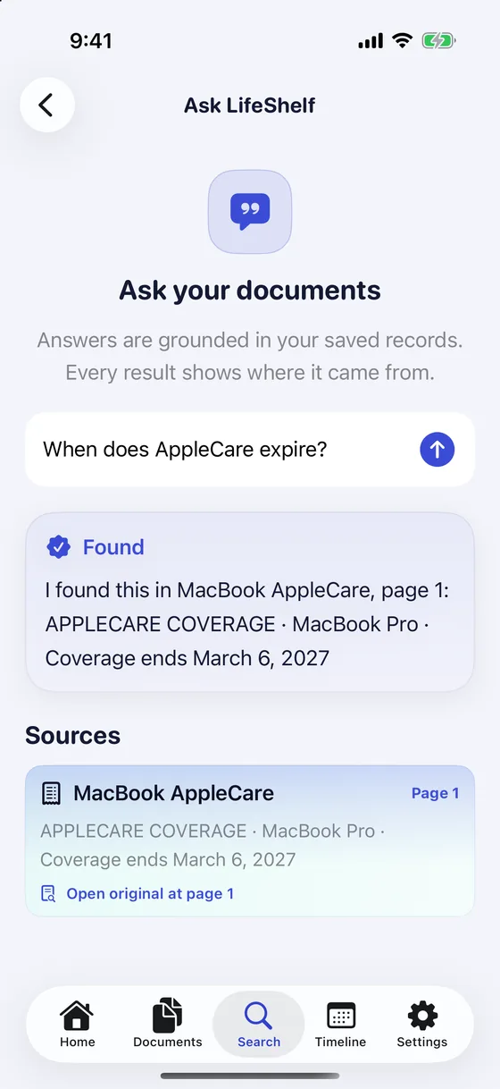 Ask your documents: When does AppleCare expire? The answer shows the source document and page