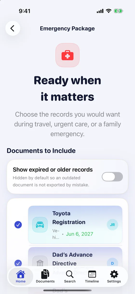 Emergency Package: choose the records to include