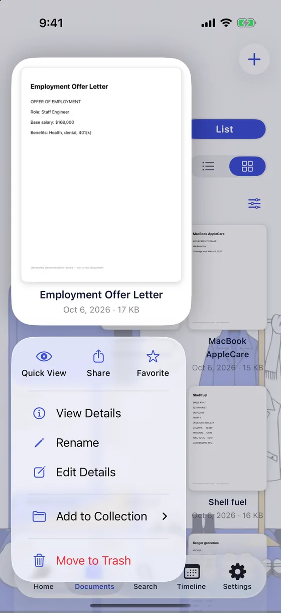 Press and hold a document for quick view, share, favorite, rename and add to a collection