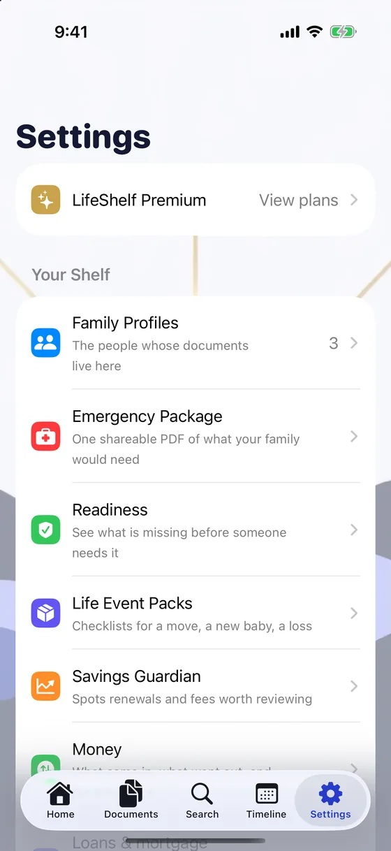 Settings: Family Profiles, Emergency Package, Readiness, Life Event Packs and Savings Guardian