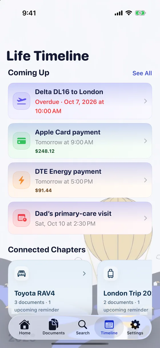 The Life Timeline: upcoming flight, card payment, bill and a doctor visit