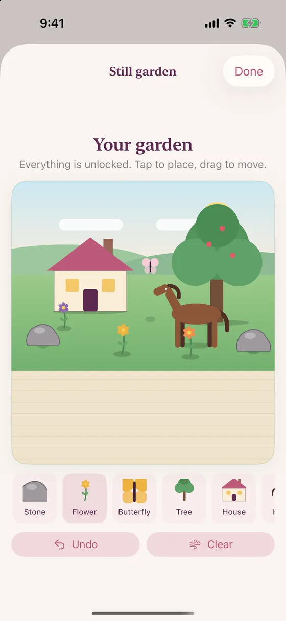 Still garden: a house, tree, horse and flowers