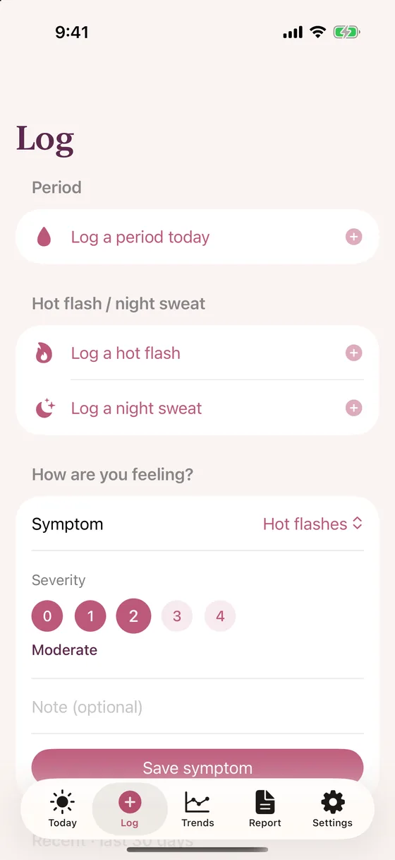 The Log screen with one-tap hot flash and night sweat logging