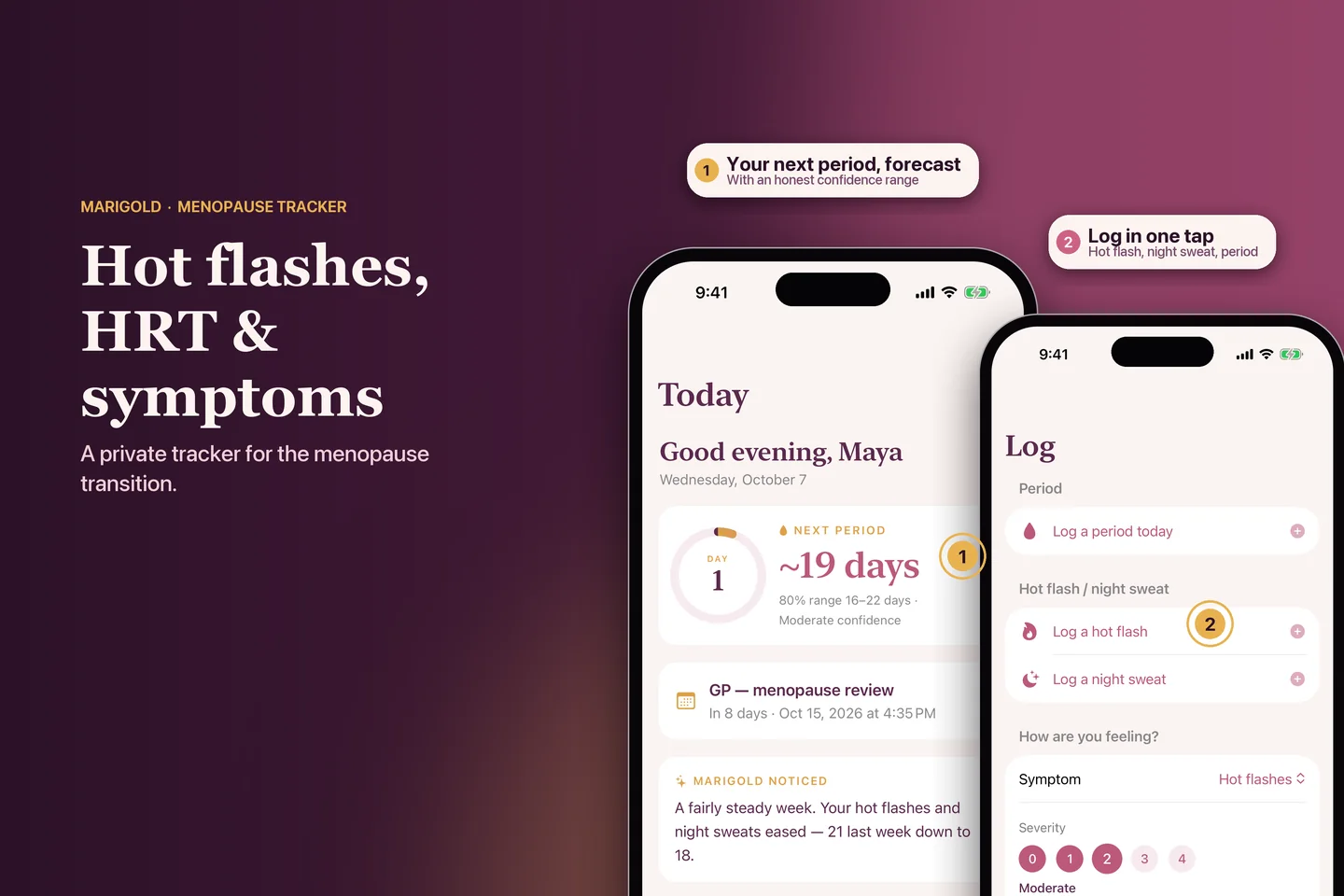 Marigold on the App Store: Hot flashes, HRT and symptoms, a private tracker for the menopause transition, shown with the Today and Log screens.