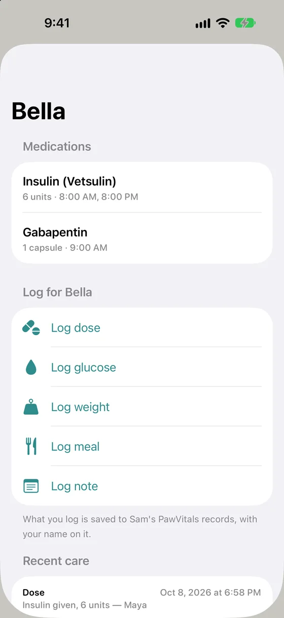 What an invited family member sees: Bella's medications, buttons to log a dose, glucose, weight, a meal or a note, and recent care with who logged it