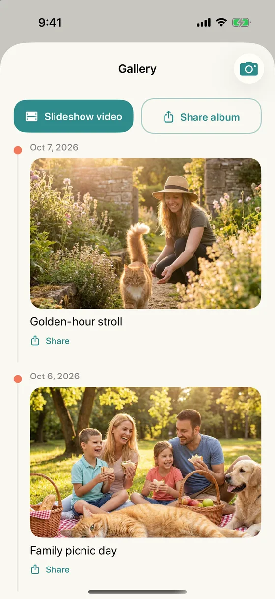 The gallery of memory photos with a slideshow video button