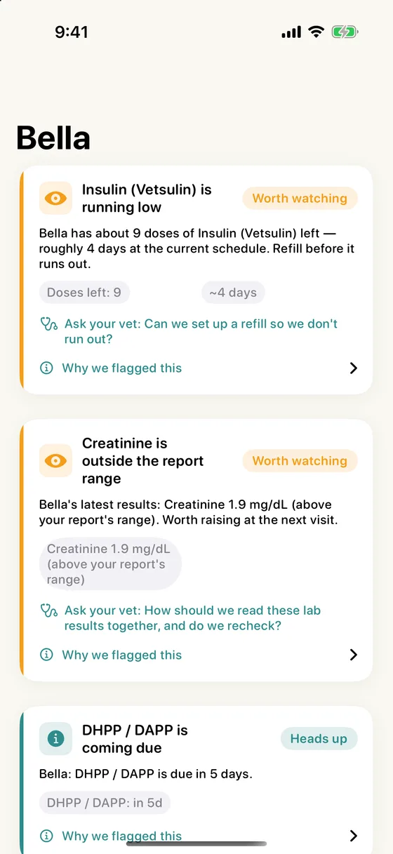 Insight cards: insulin running low, creatinine outside the report range, and a vaccine coming due, each with a why-we-flagged-this link