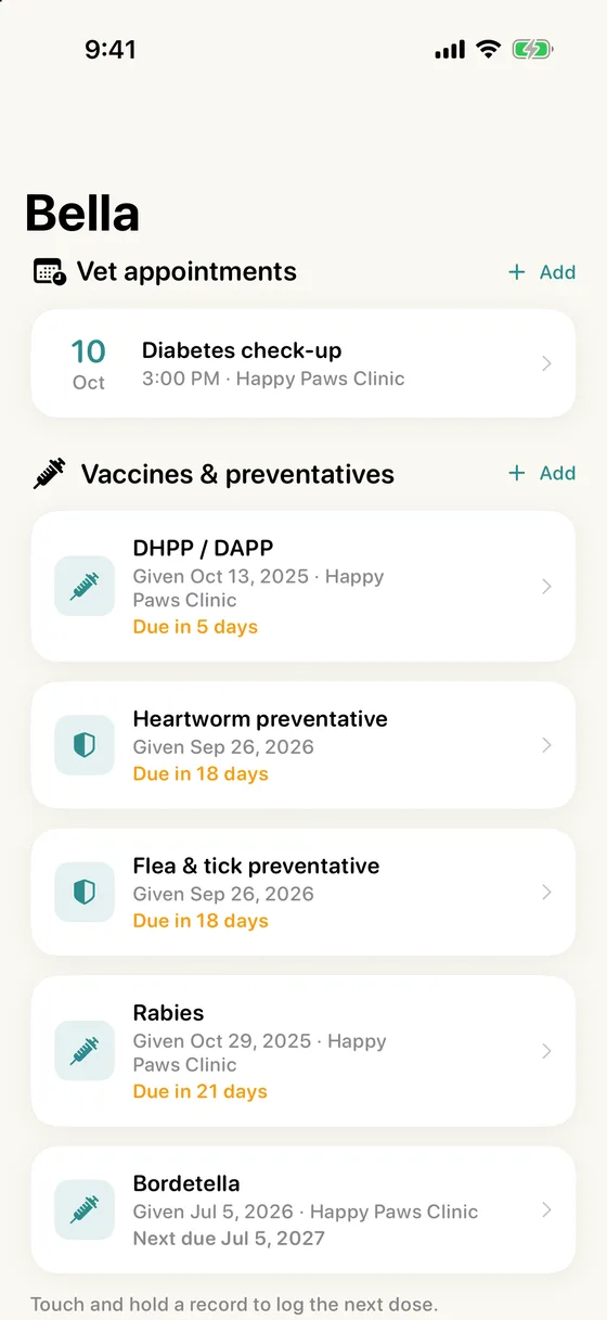 Vaccines and preventatives with due dates, and vet appointments