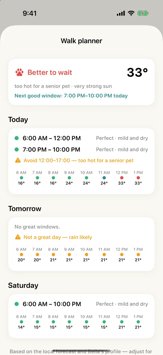 The walk planner showing the best windows today and tomorrow