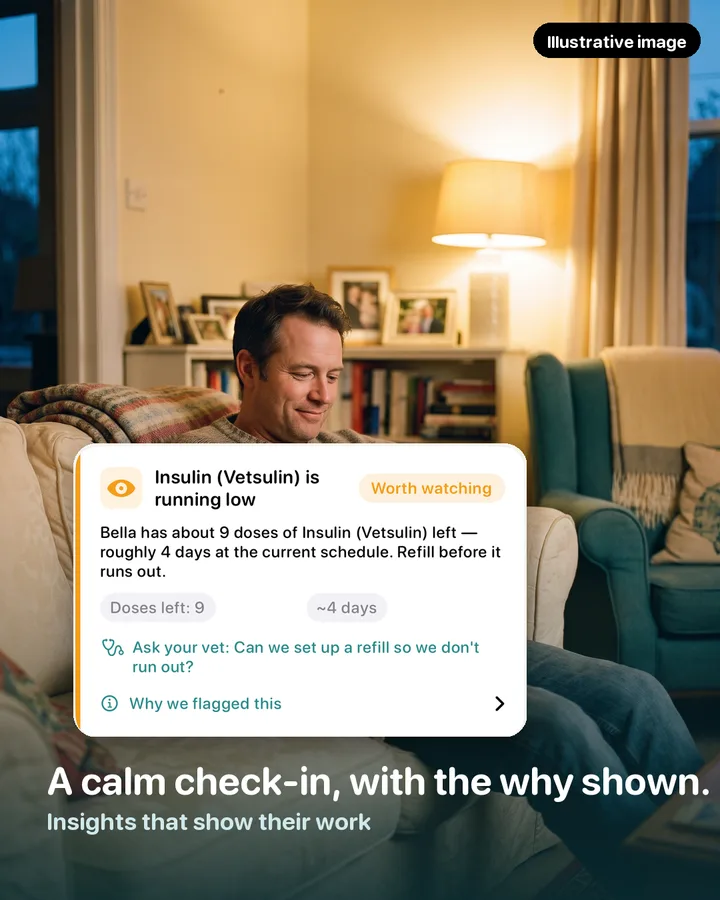 A man on a sofa with a ginger cat on his lap, with a PawVitals insight card about running low on insulin