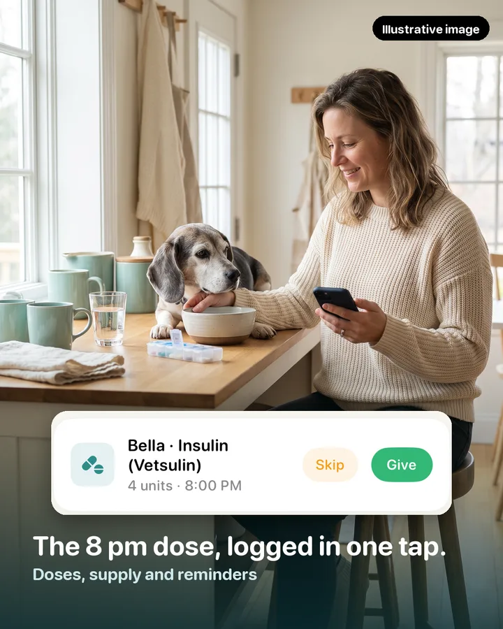 A woman at a kitchen counter with her senior beagle, logging a dose on her phone, with the Give and Skip card shown